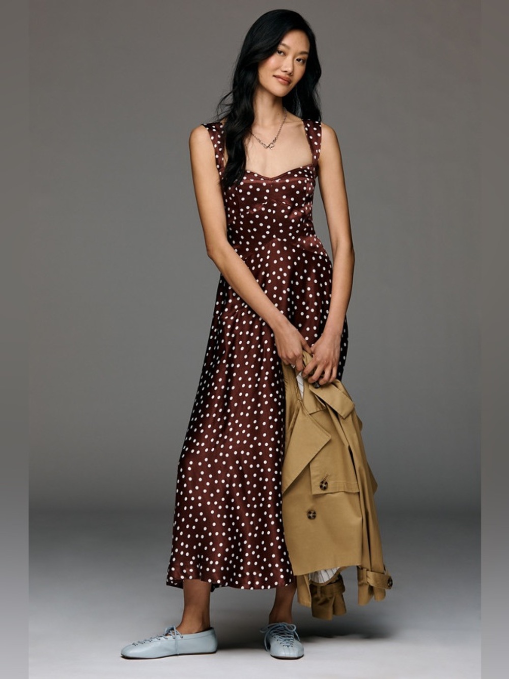 Anthropologie Maeve The Jocelyn Sleeveless Slip Midi Dress Brown Polka Dot 2X